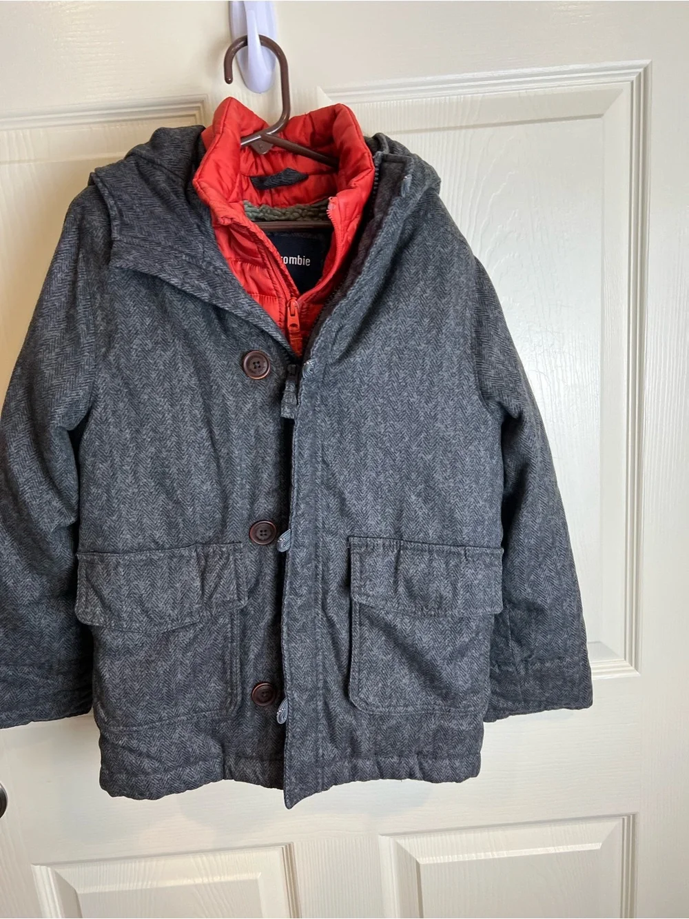 Abercrombie & Fitch Kids Gray Hooded Coat with Red Inner Puffer 7 8
